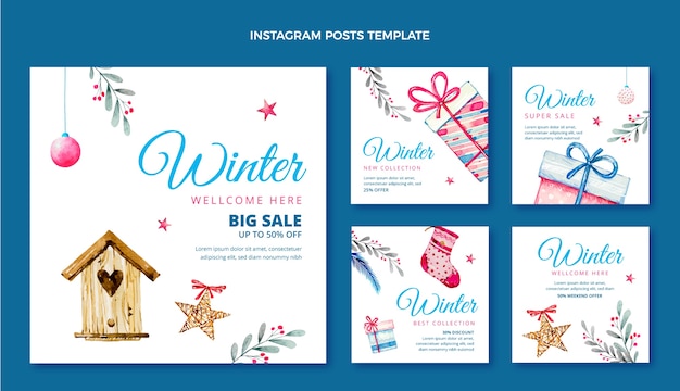 Vector colección de publicaciones de instagram de invierno en acuarela