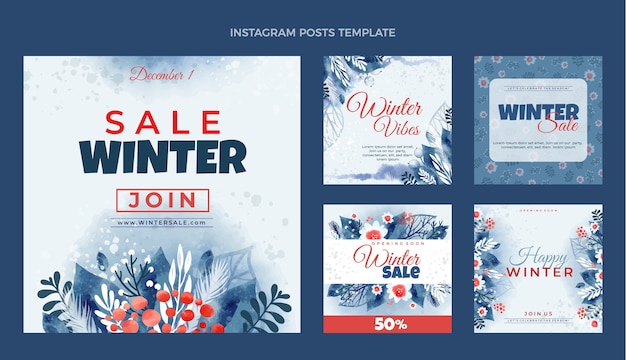 Vector colección de publicaciones de instagram de invierno en acuarela