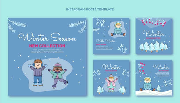 Vector colección de publicaciones de instagram de invierno dibujadas a mano