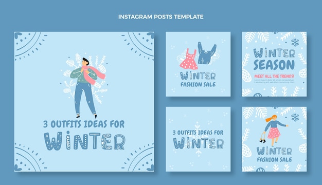 Colección de publicaciones de instagram de invierno dibujadas a mano