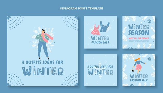 Vector colección de publicaciones de instagram de invierno dibujadas a mano