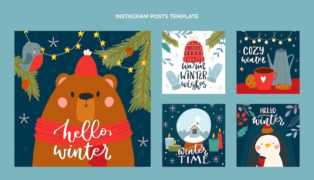 Vector colección de publicaciones de instagram de invierno dibujadas a mano