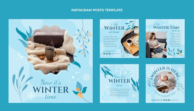Colección de publicaciones de instagram de invierno planas dibujadas a mano