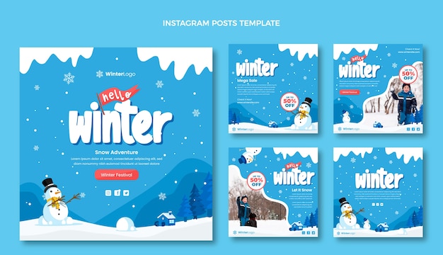 Vector colección de publicaciones de instagram de invierno planas dibujadas a mano