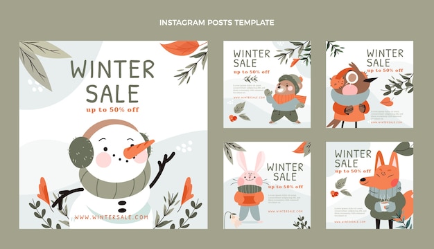 Vector colección de publicaciones de instagram de invierno planas dibujadas a mano