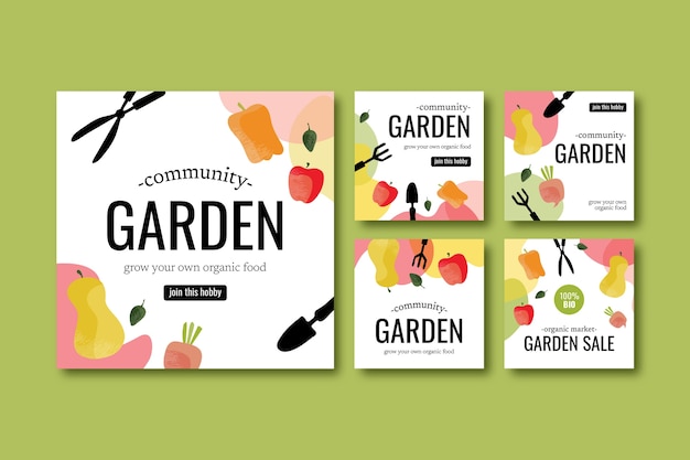 Vector colección de publicaciones de instagram de jardinería y cultivo.