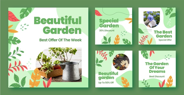 Vector colección de publicaciones de instagram de jardinería plana