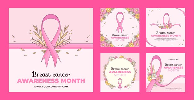 Vector colección de publicaciones de instagram del mes de concientización sobre el cáncer de mama
