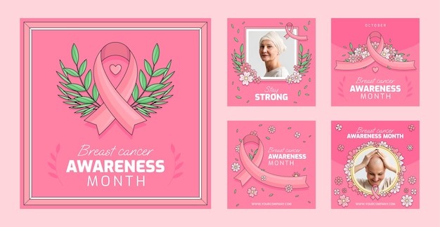 Vector colección de publicaciones de instagram del mes de concientización sobre el cáncer de mama