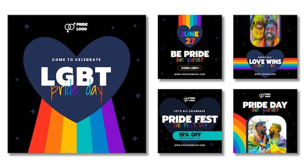 Colección de publicaciones de instagram del mes del orgullo plano