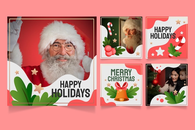 Vector colección de publicaciones de instagram de navidad gradiente