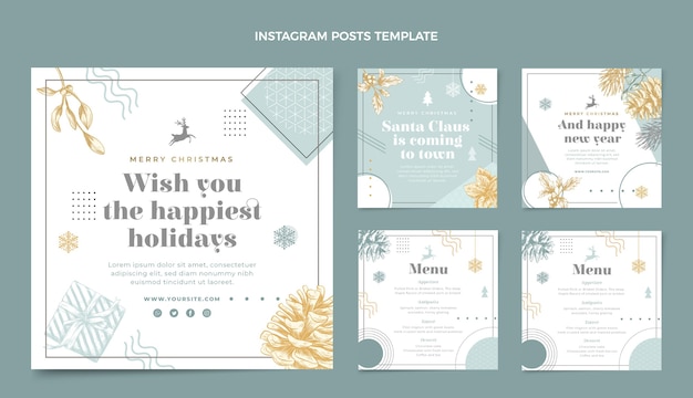 Vector colección de publicaciones de instagram navideñas planas dibujadas a mano