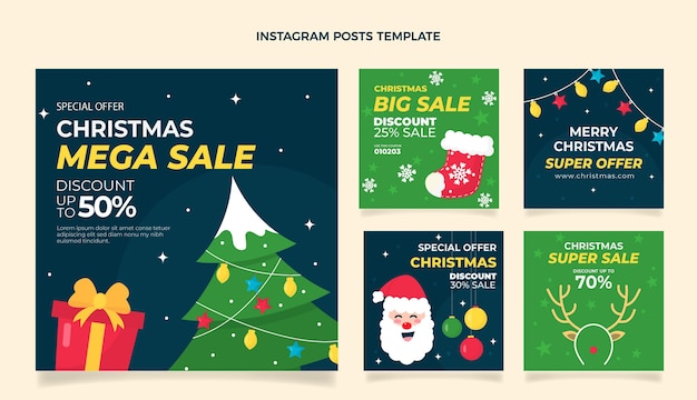 Vector colección de publicaciones de instagram navideñas planas dibujadas a mano