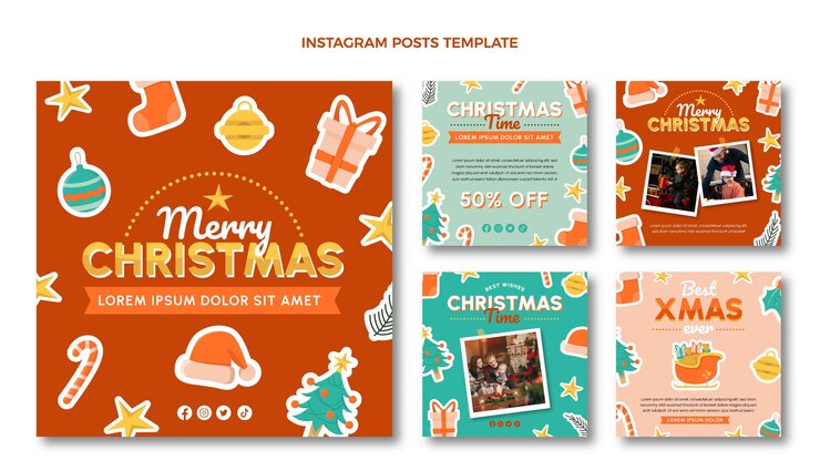 Vector colección de publicaciones de instagram navideñas planas dibujadas a mano
