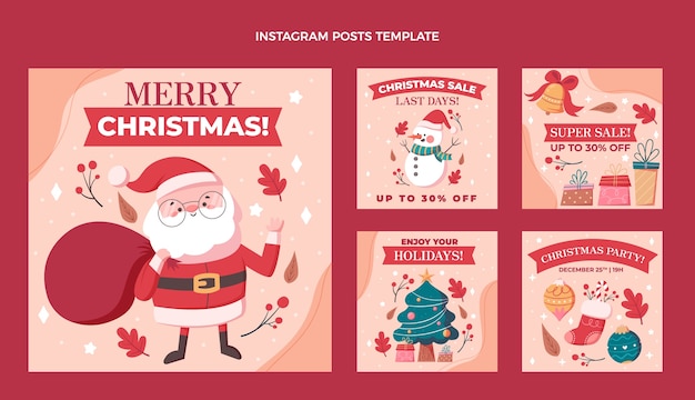 Vector colección de publicaciones de instagram navideñas planas dibujadas a mano