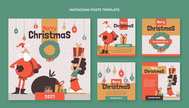 Colección de publicaciones de instagram navideñas planas dibujadas a mano