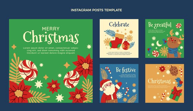 Colección de publicaciones de instagram navideñas planas dibujadas a mano