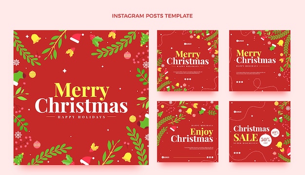 Vector colección de publicaciones de instagram navideñas planas