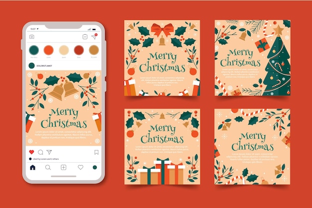 Vector colección de publicaciones de instagram navideñas planas