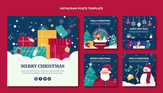 Vector colección de publicaciones de instagram navideñas planas