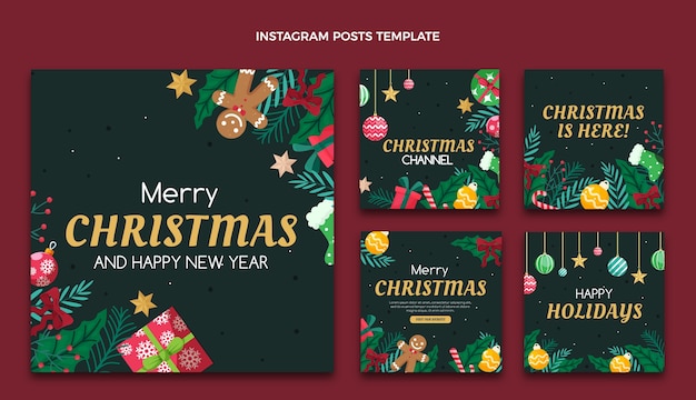 Vector colección de publicaciones de instagram navideñas planas