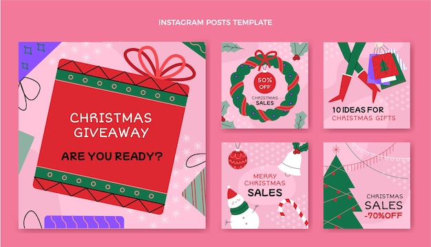 Vector colección de publicaciones de instagram navideñas planas