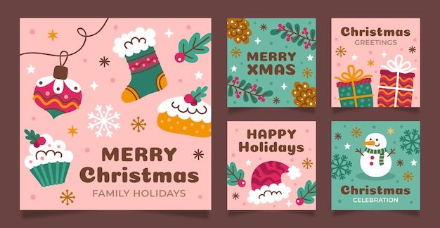 Vector colección de publicaciones de instagram navideñas planas