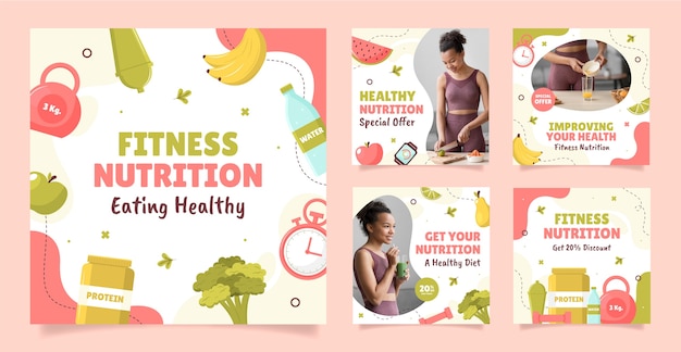 Colección de publicaciones de instagram de nutrición de salud y fitness