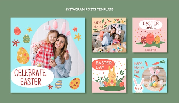 Colección de publicaciones de instagram de pascua dibujadas a mano