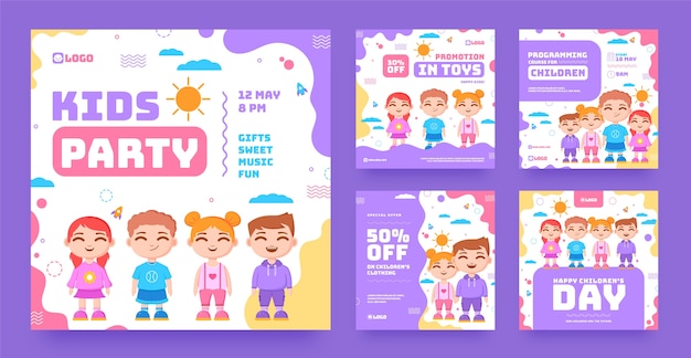 Vector colección de publicaciones de instagram planas para niños