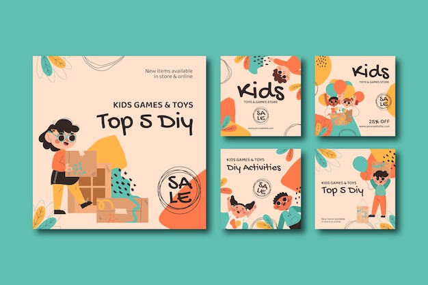 Vector colección de publicaciones de instagram planas para niños