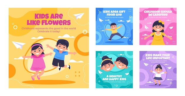 Vector colección de publicaciones de instagram planas para niños