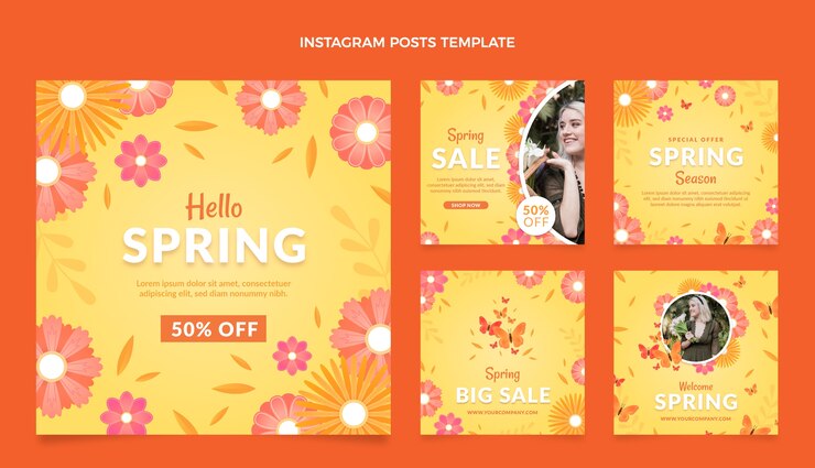 Vector colección de publicaciones de instagram de primavera degradada
