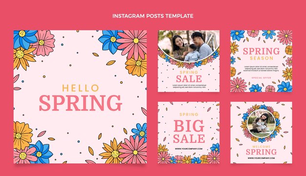 Colección de publicaciones de instagram de primavera dibujadas a mano