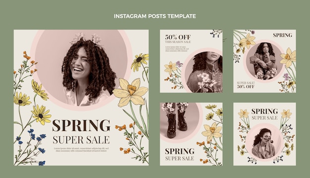 Vector colección de publicaciones de instagram de primavera dibujadas a mano