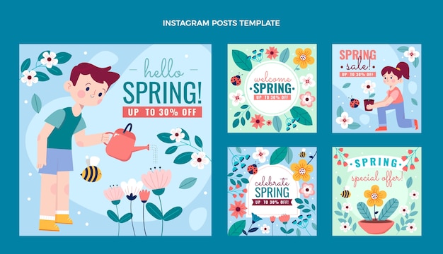 Colección de publicaciones de instagram de primavera plana