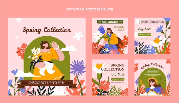 Vector colección de publicaciones de instagram de primavera plana