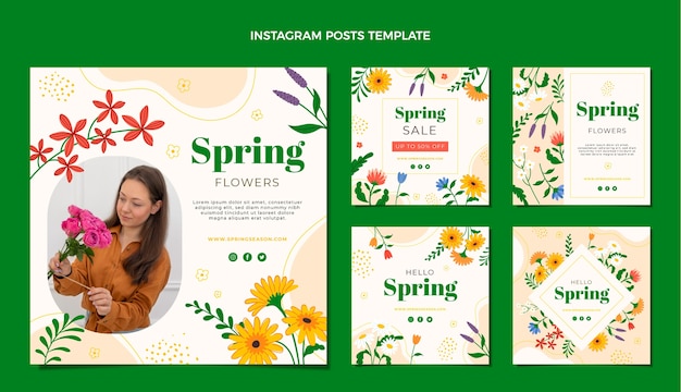 Vector colección de publicaciones de instagram de primavera plana