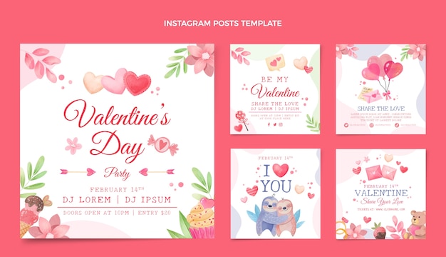 Vector colección de publicaciones de instagram de san valentín en acuarela