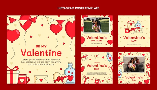 Vector colección de publicaciones de instagram de san valentín dibujadas a mano