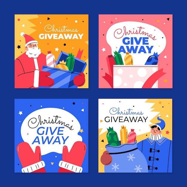 Colección de publicaciones de instagram de sorteo navideño plano dibujado a mano