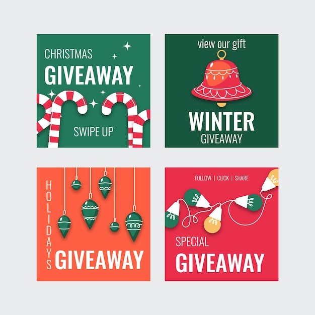 Vector colección de publicaciones de instagram de sorteo navideño plano