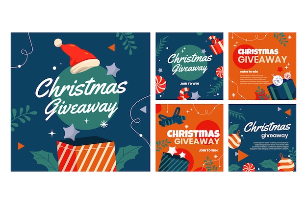 Vector colección de publicaciones de instagram de sorteo navideño plano