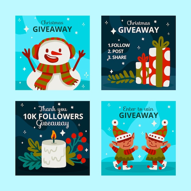 Vector colección de publicaciones de instagram de sorteo navideño plano