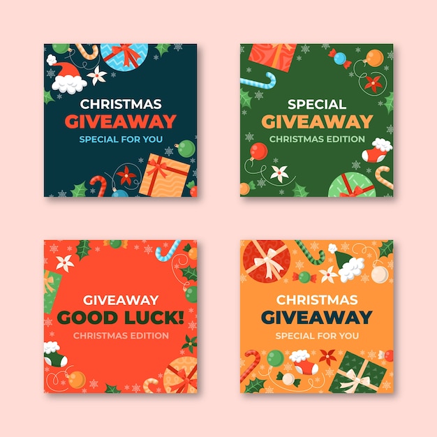 Vector colección de publicaciones de instagram de sorteo navideño plano