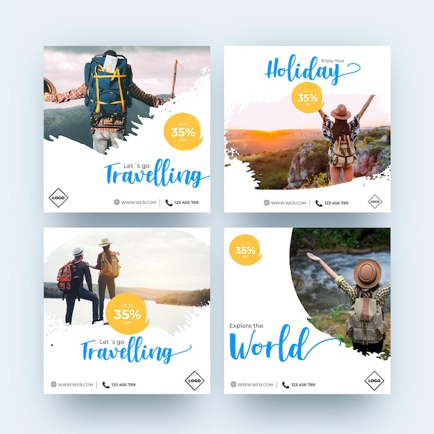 Vector colección de publicaciones de instagram de venta de viajes