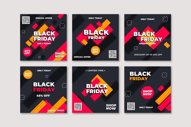 Colección de publicaciones de instagram de viernes negro de diseño plano