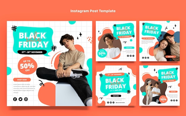 Vector colección de publicaciones de instagram de viernes negro plano dibujado a mano