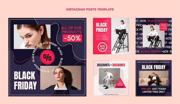 Vector colección de publicaciones de instagram de viernes negro plano dibujado a mano