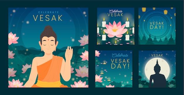 Colección de publicaciones planas en Instagram para la celebración del festival de Vesak